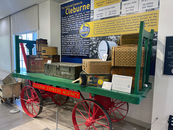 Railway Express Agency wagon with luggage displayed at the Cleburne Railroad Museum