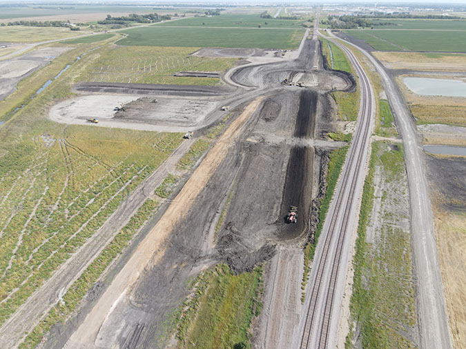 A temporary shoofly routes rail traffic around the location where the new bridge is to be built on BNSF’s KO Subdivision.  